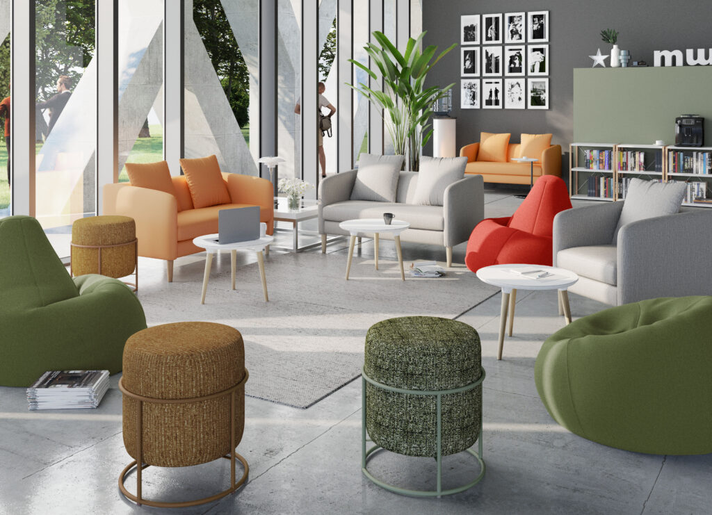 Espace détente avec assises, bibliothèque et poufs