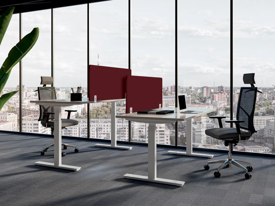 Open space équipé de bureaux réglables en hauteur et de cloisons acoustiques