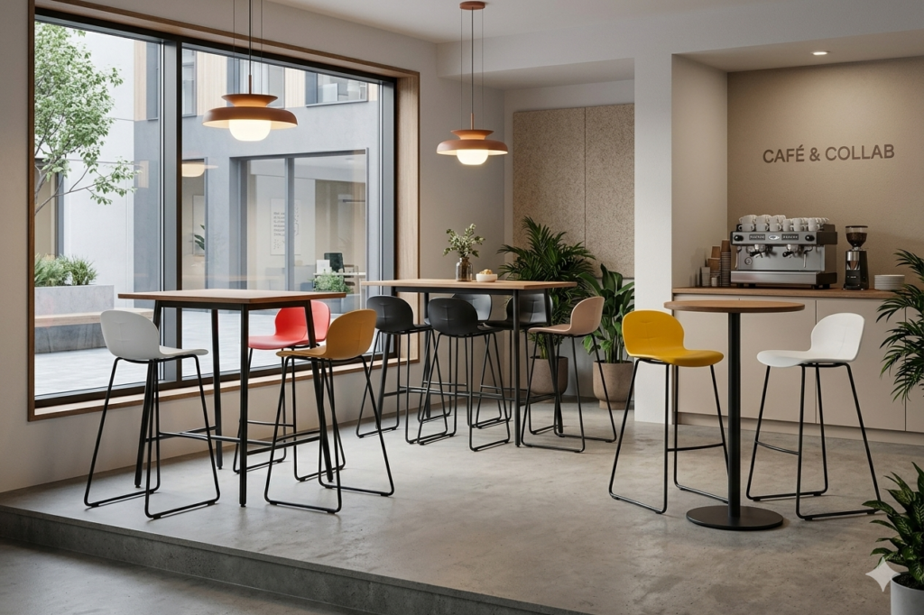 Espace de restauration d'entreprise avec tables hautes et suspensions
