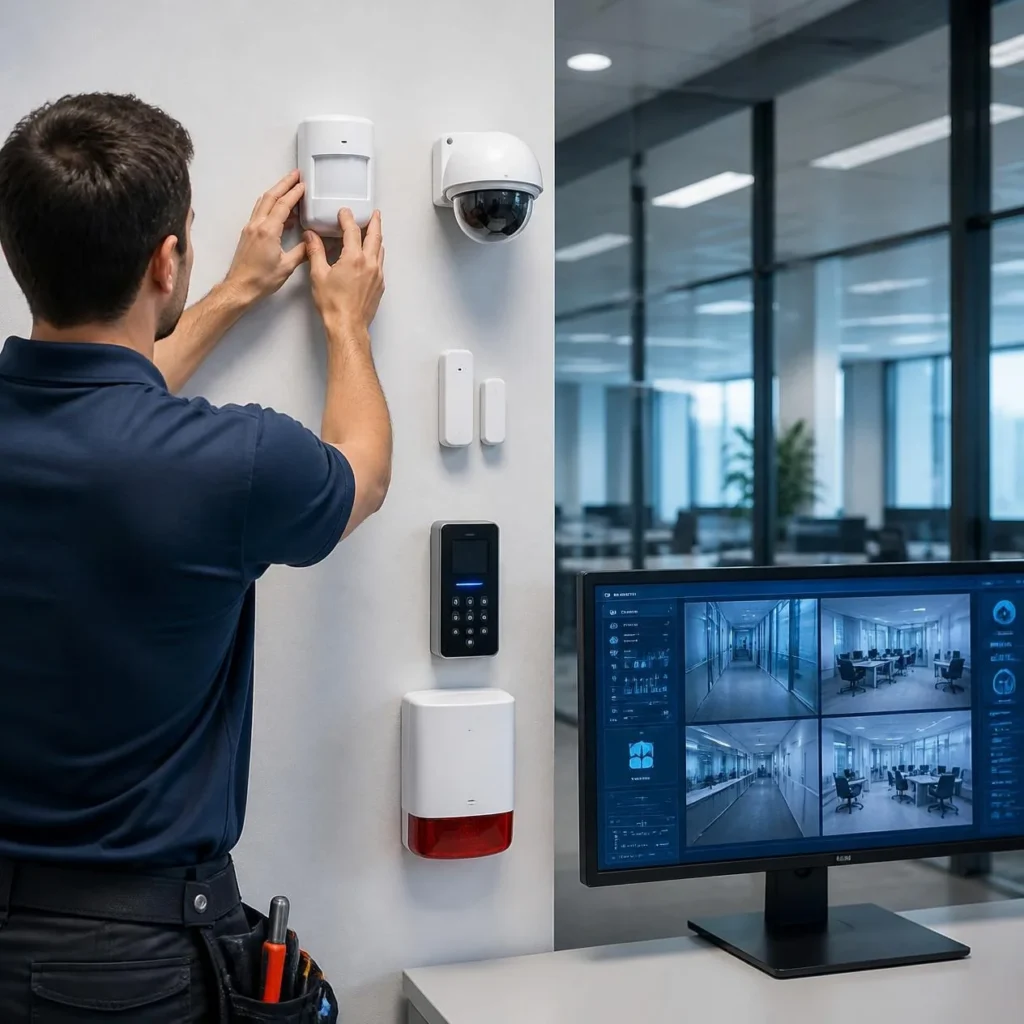 Technicien installant un système d'alarme et de vidéosurveillance en entreprise