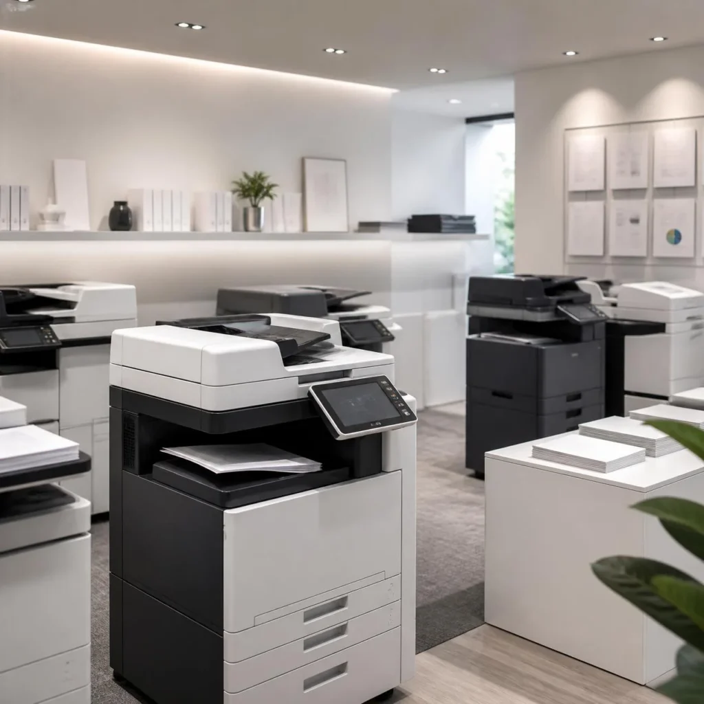 Copieurs multifonctions installés dans un espace de bureau