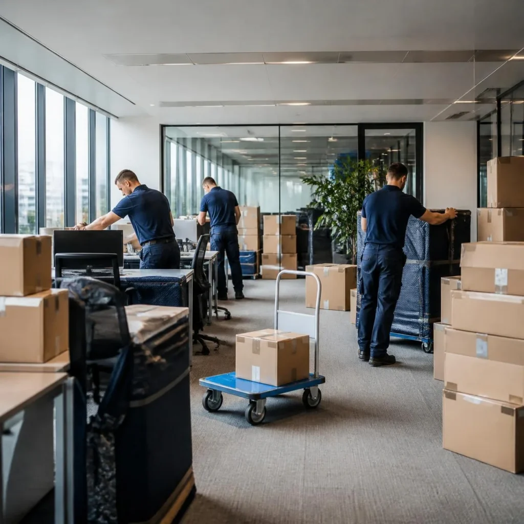Déménagement d'entreprise : cartons et chariots dans un open space