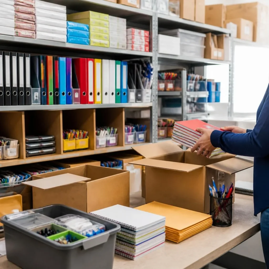 Rayonnage de fournitures de bureau dans un local d'entreprise