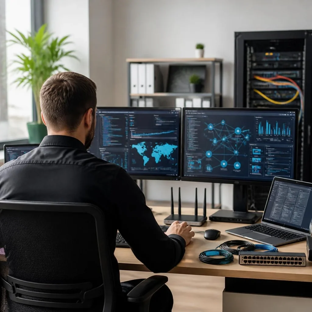 Technicien informatique devant un poste de supervision multi-écrans