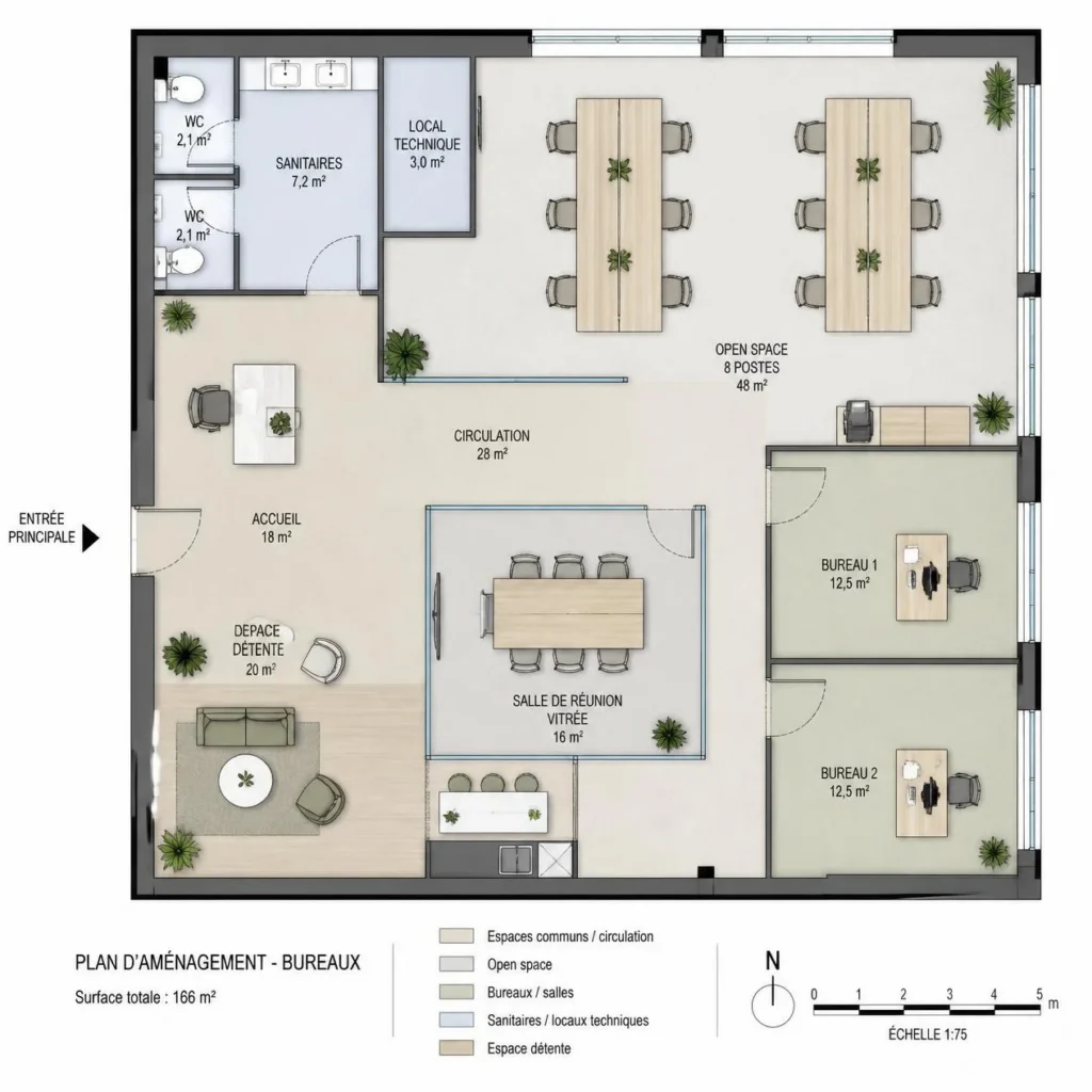 Plan d'aménagement de bureaux en 2D réalisé par ECS