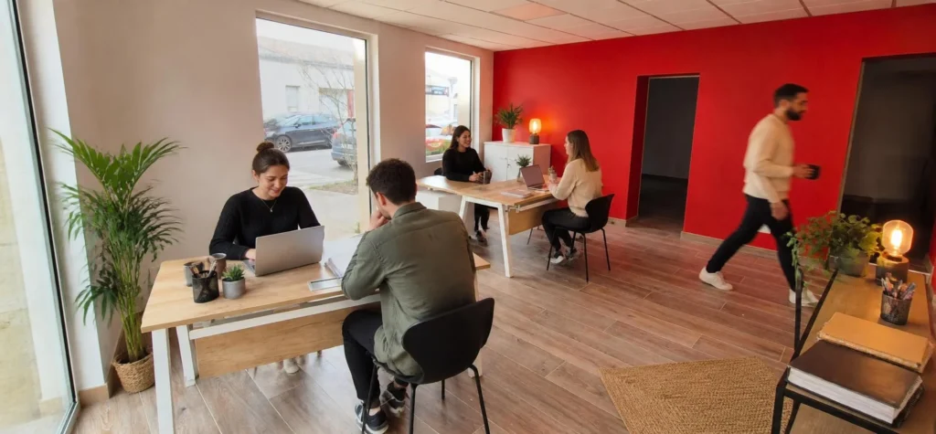 Open space aménagé avec du mobilier Buronomic et un mur d'accent rouge