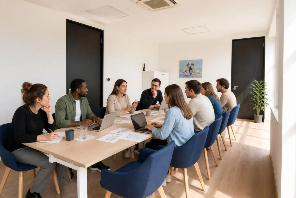 Salle de réunion équipée d'une grande table et de fauteuils bleus