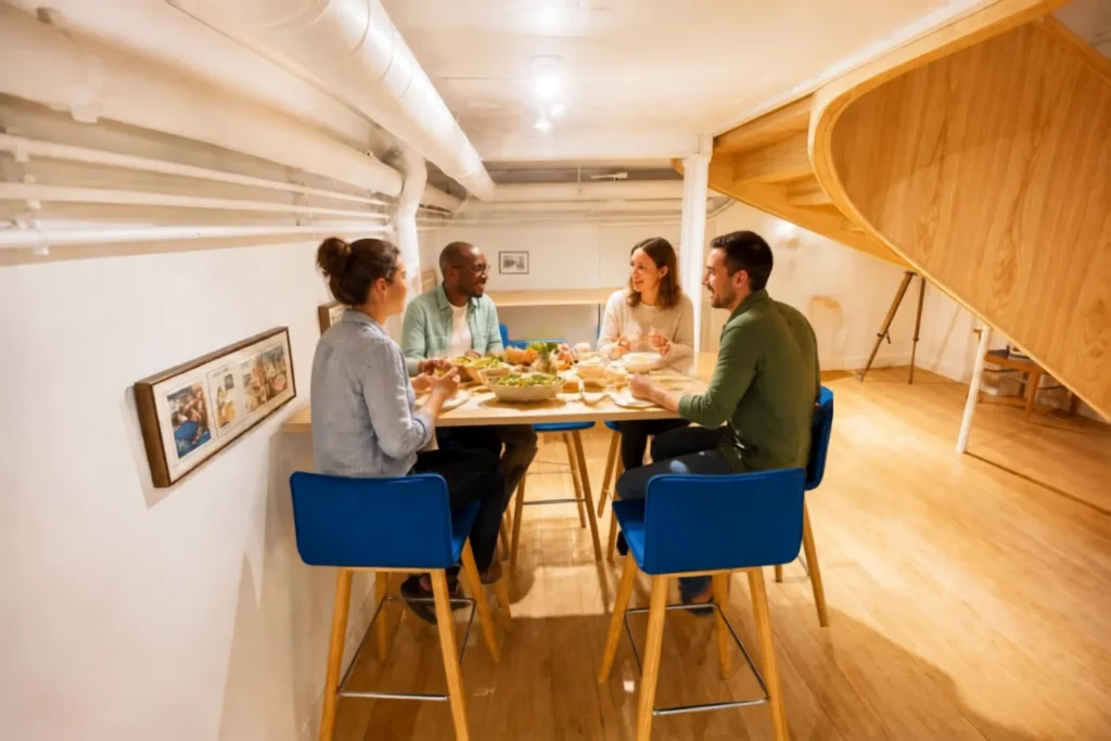 Salle de détente d'entreprise avec grande table conviviale et assises hautes