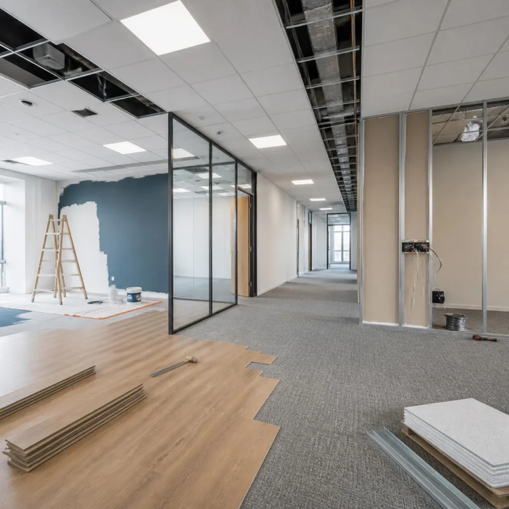 Travaux d'aménagement de bureaux : pose de cloisons vitrées et de sols
